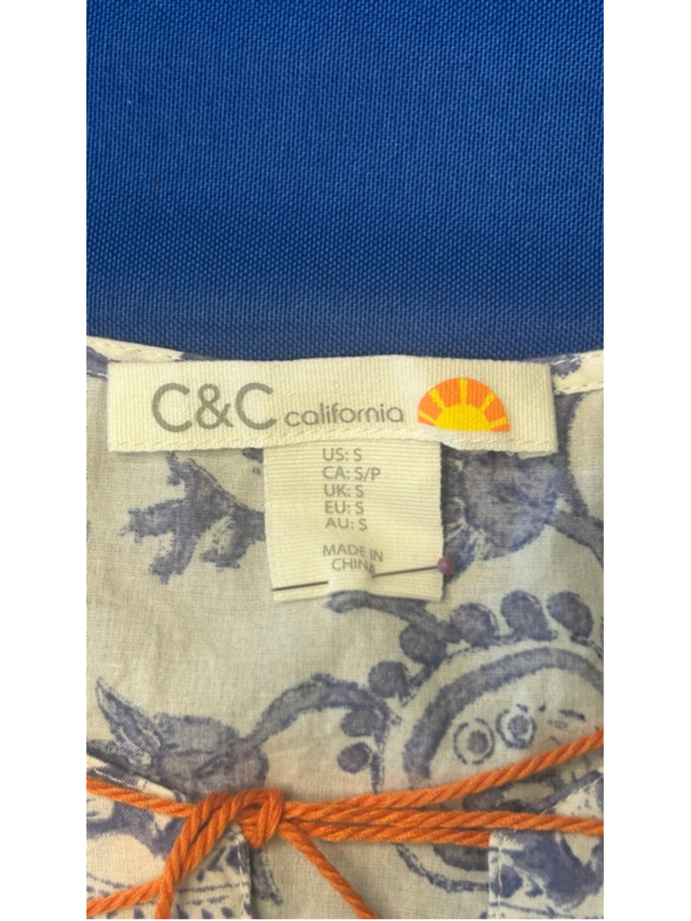 C&C California Paisley Ruffle Sleeve Tassel Tie Boho Tank Top Blouse Blue White - Picture 5 of 5